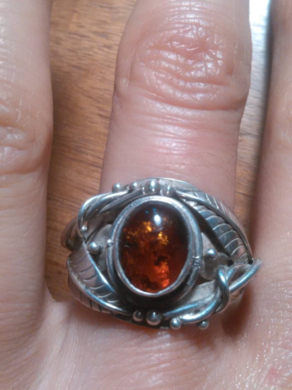 Baltic Amber Feather Design Sterling Silver Ring (Size 10)